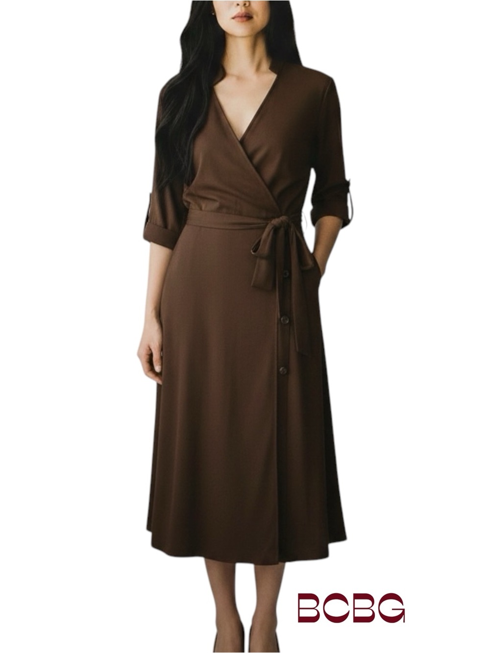 BCBGMaxAzria Brown Wool Blend Wrap Midi Dress NWOT Size S